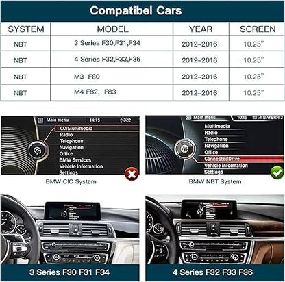10.25 Inch Touchscreen Wireless CarPlay/Andriod Auto for 2012-2016 BMW 3/4/M3/M4 Series with NBT System Chassis designations: F30/F31/F34/F32/F33/F36/F80/F82/F83 Models